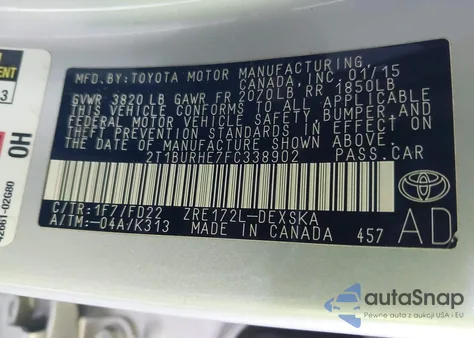 2015 Toyota Corolla S Plus z USA, uszkodzony, nr VIN 2T1BURHE7FC338902